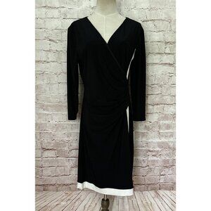 Chaps Womens L Black Ivory Faux Wrap Dress Color Block 3/4 Sleeve Ruched NEW
